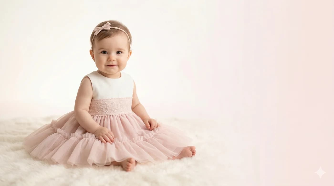 Moda infantil española premium — bebé con vestido rosa de tul