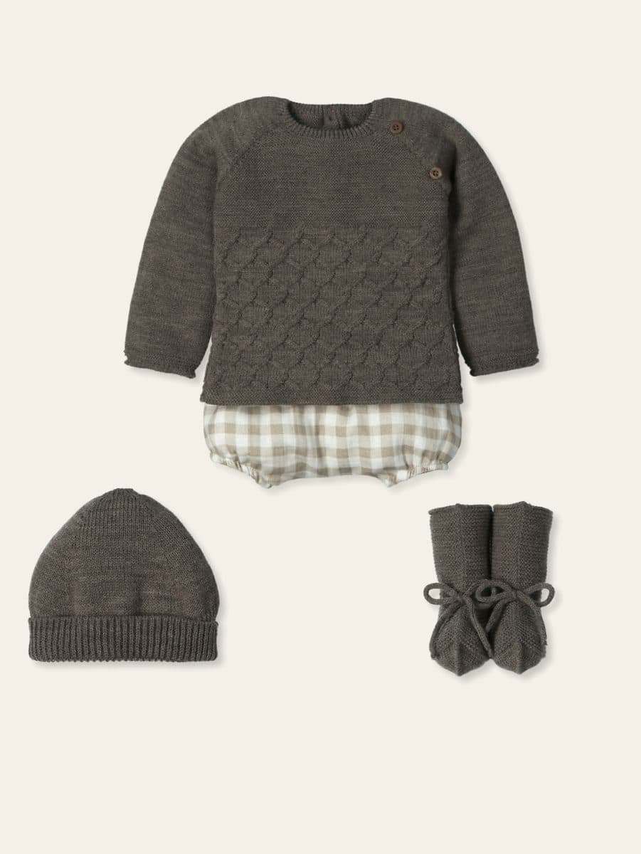 Conjunto 4 piezas: Jersey M/L + Cubre + Patucos + Gorro (Moka)