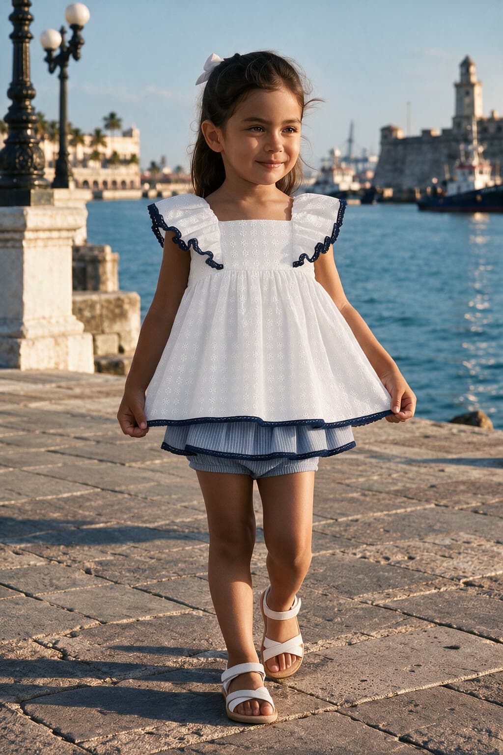 Valentina Bebés · Saint Tropez: niña en el malecón de Veracruz, con el faro detrás