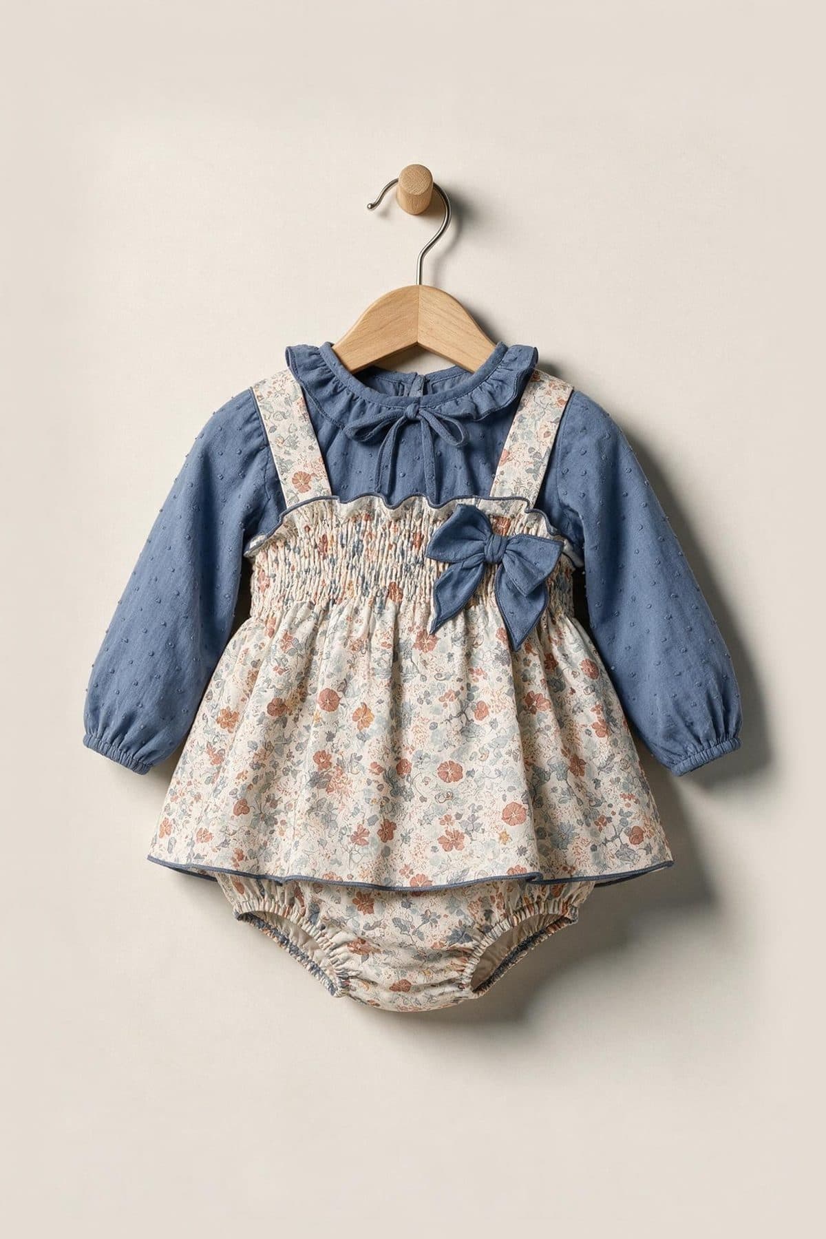 Conjunto 2 piezas: Blusa M/L azul + Peto crema floral con cubrepañal (Crema floral)