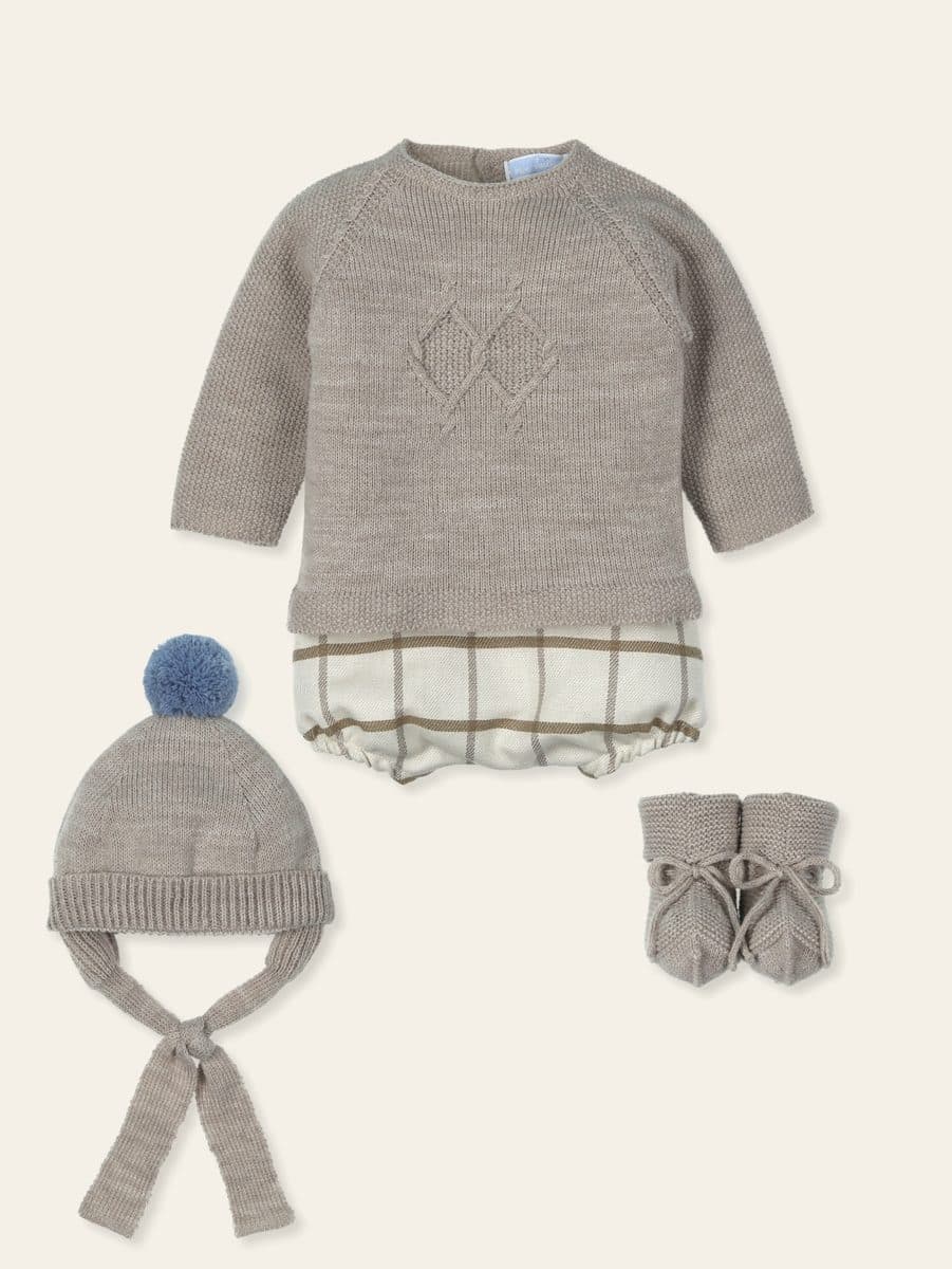 Conjunto 4 piezas: Jersey M/L + Cubre + Patucos + Gorro (Nuez)