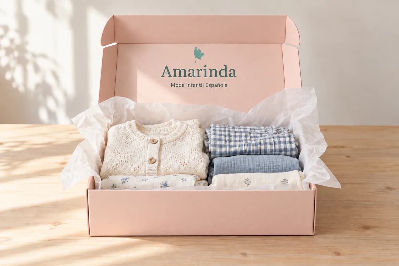 Ilustración editorial de prendas infantiles en una caja rosa Amarinda con papel de seda