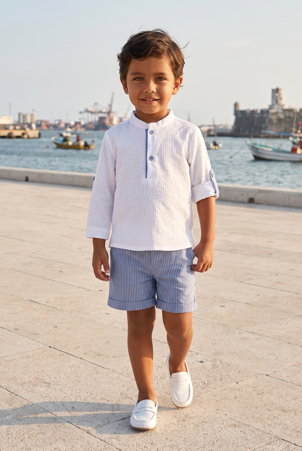 Valentina Bebés · Saint Tropez: niño con camisa blanca y short de rayas en el malecón de Veracruz